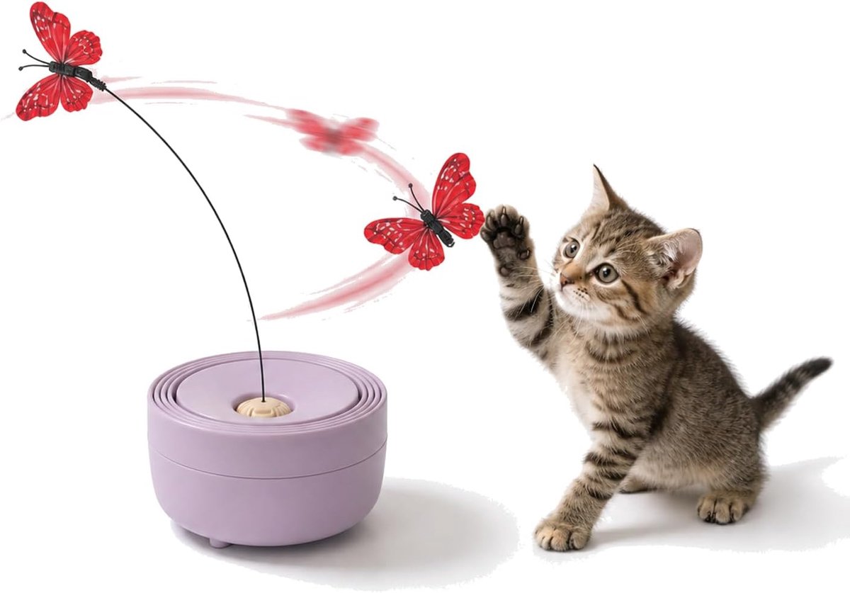 Interactief vlinderspeelgoed voor katten – 360° draaiende arm – Educatief vlinderspeelgoed voor kittens – Draaiend speelgoed dat reageert op aanraking – Inclusief 2 vervangende vlinders – Paars