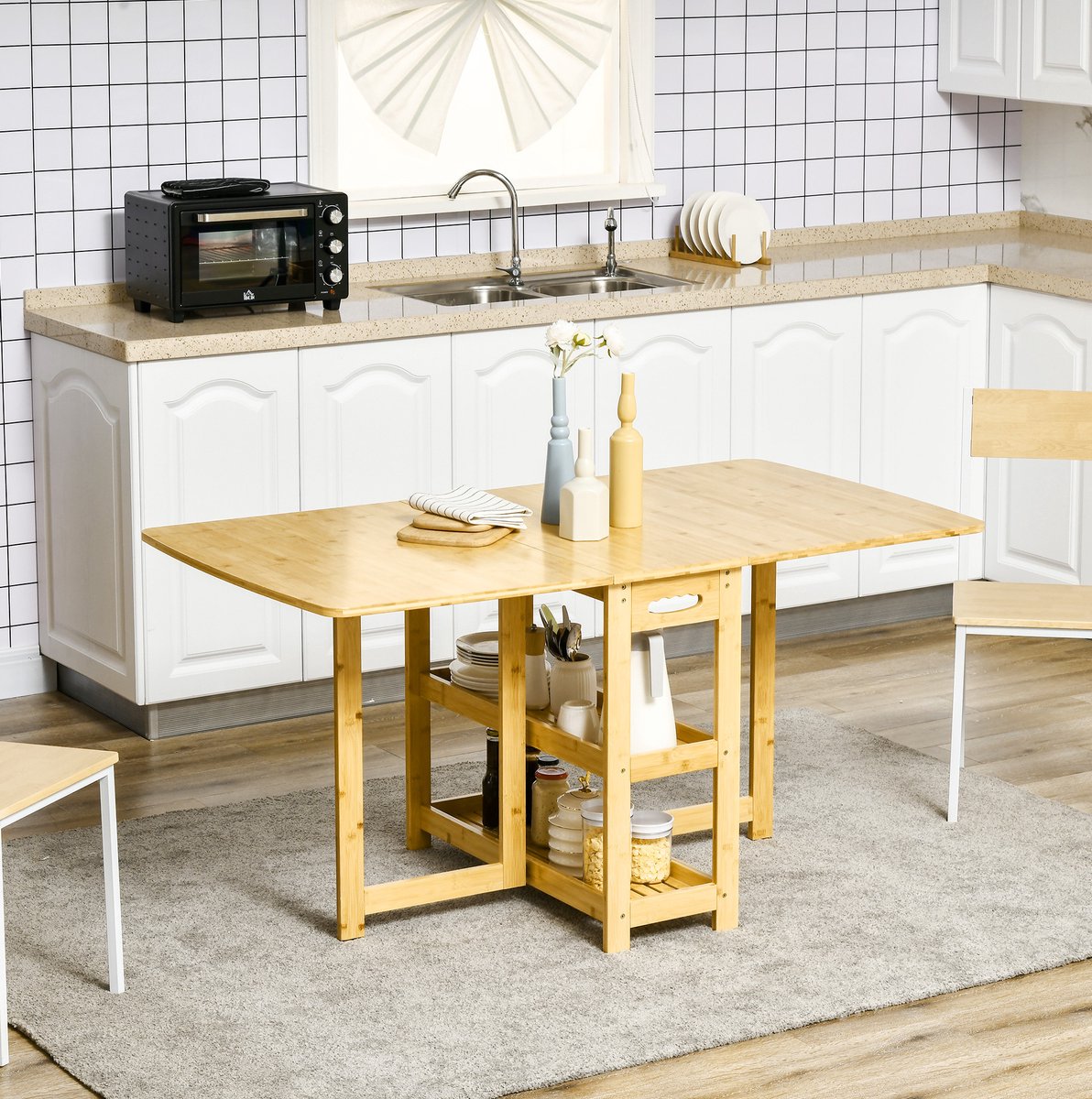MIVRAY Eettafel - Opklapbaar Met Opbergplanken Voor Zes Personen - Voor Keuken En Eetkamer - Bamboe - 149,5x80x73,5 Cm