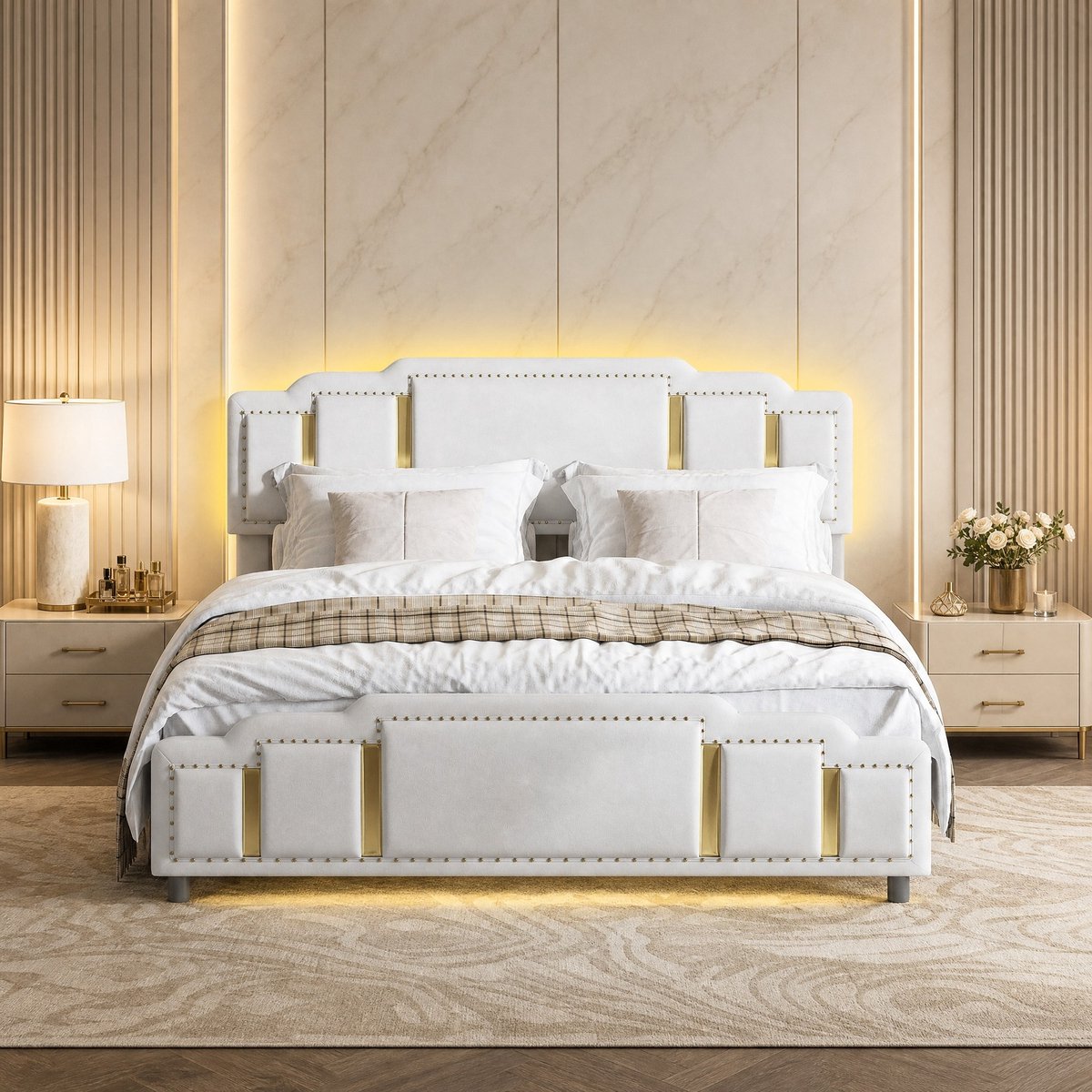 COVREO Bed met lades – 140 x 200 cm – Tweepersoonsbed van stof en metaal – met LED en opbergruimte – Beige - zonder matras