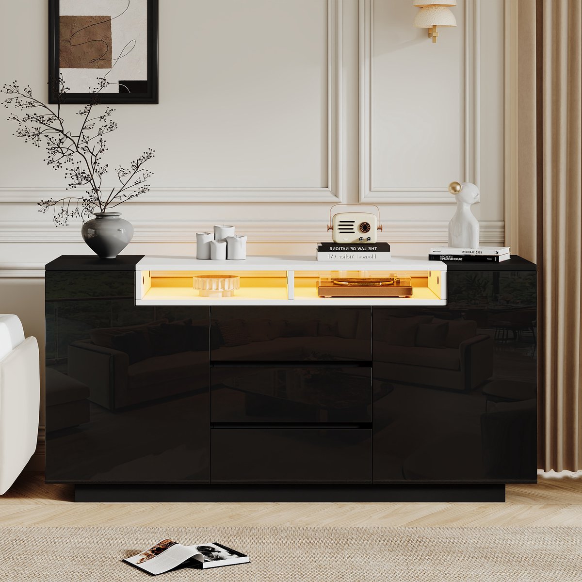 REDOM - Dressoir - 2 L-vormige deuren - 3 lades - Verstelbare tussenschotten - LED-verlichting - Hoogglans - Woonkamer - Spaanplaat - Zwart - 140 x 40 x 68 cm