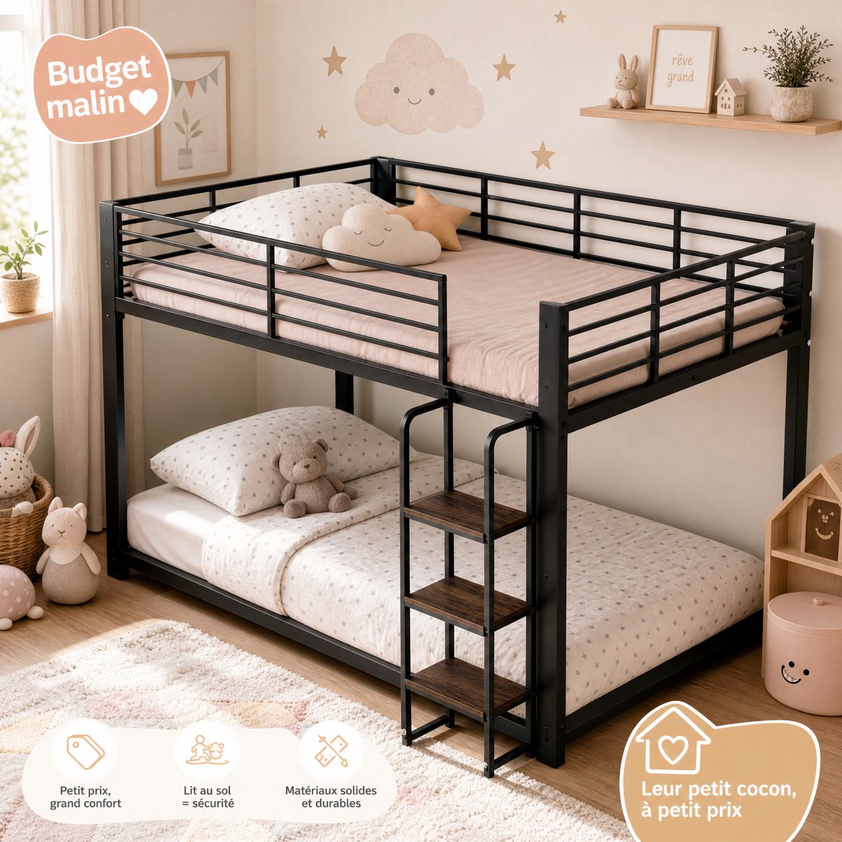 REDOM - Stapelbed - Metalen frame - Houten brede treden - Veiligheidsrail bovenbed - Kinder- en jeugdbed - MDF en metaal - Zwart - 140 x 200 cm - 204 x 145 x 145 cm