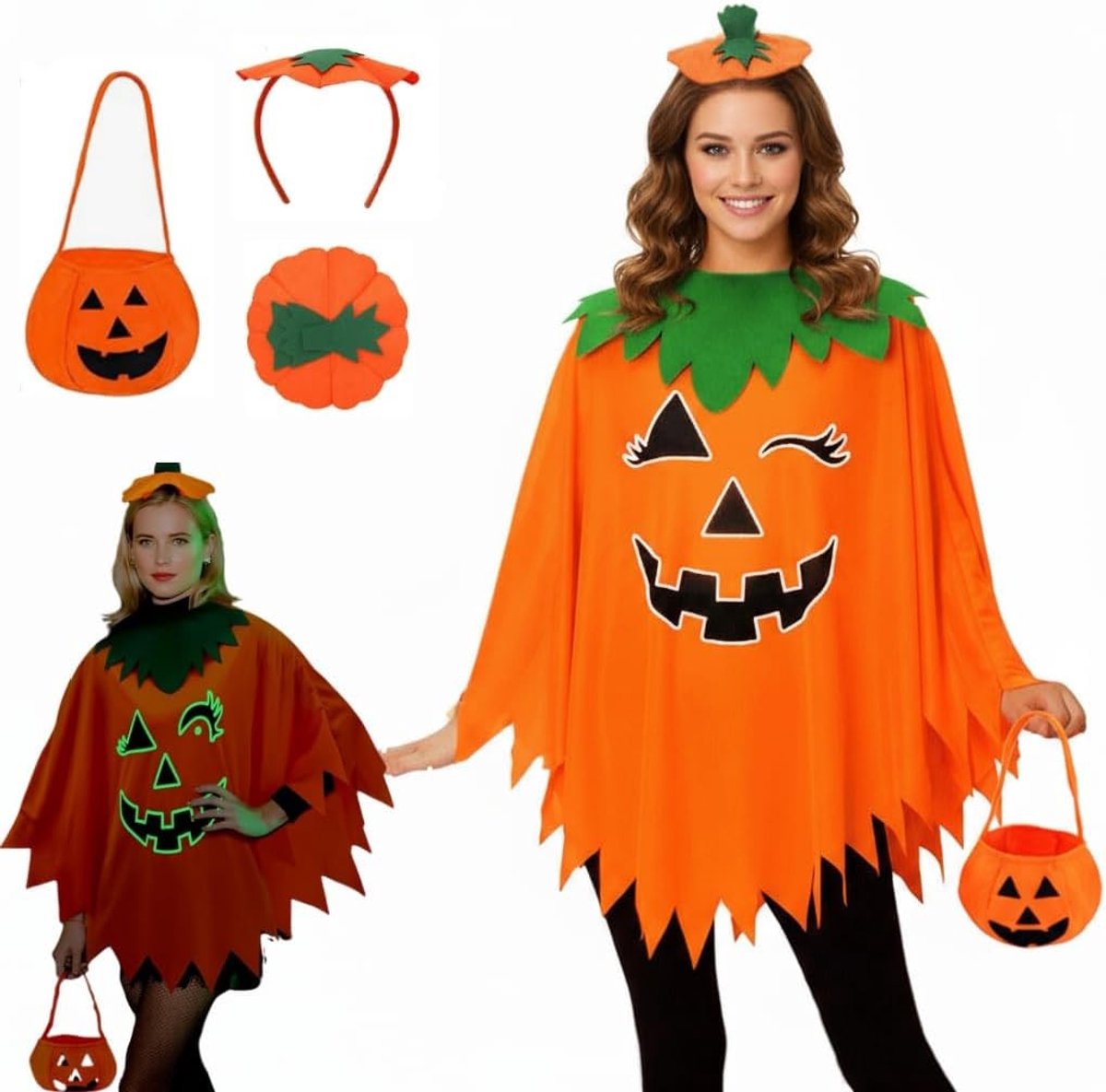 Halloween Pompoen Kostuum voor Vrouwen met Oranje Poncho en Hoofdband, Inclusief Snoepzak en Cloak voor Carnaval en Cosplay