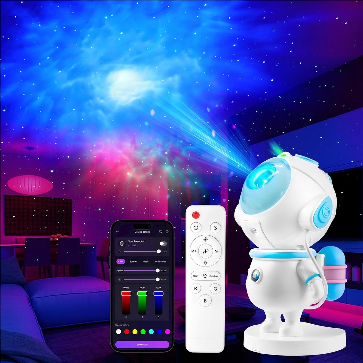 Astronaut Sterrenhemel Projector voor Kinderen, Led-Nachtlampje, Galaxy Projector met Timer en Afstandsbediening, App-Bediening, Kinderkamerdecoratie, Kerstmis, Tieners, Meisjes (Blauw)