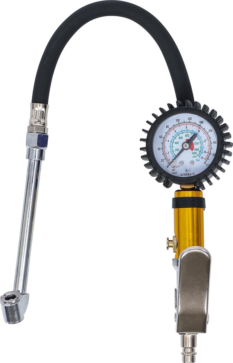 Bandenpomp met Manometer – 0-15 Bar – Flexibele Vulslang 34 cm – Haakse Aansluiting – 220 PSI