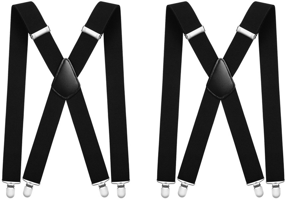 Herenbretels - Extra brede X-vormige banden - Met 4 clips - Unisex - Bretels voor Kerstmis, werkkleding en skibroeken - Geschikt voor lengtes van 140-185 cm - Verstevigd - 50 mm - Set van 2 - Zwart