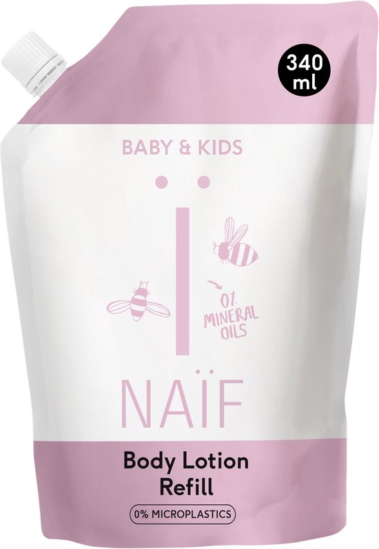 Zachte, witte bodylotion refill verpakking met roze accenten, met 'NAÏF BABY & KIDS' en '340 ml'.