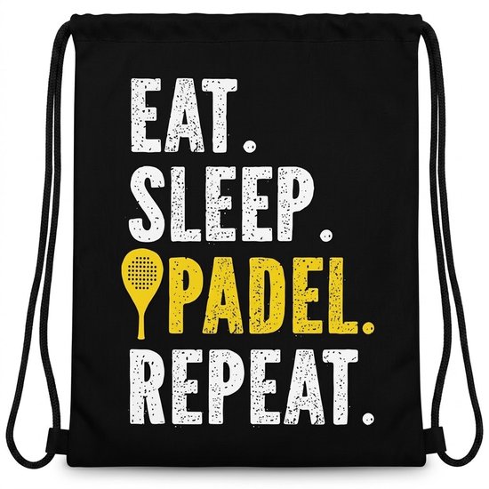 Padel tas zwart wit geel voor dames en heren – trekkoord tas met Eat Sleep Padel Repeat opdruk – sporttas met padel racket afbeelding – rugzak voor padel en sport Padel tas zwart wit geel voor dames en heren – trekkoord tas met Eat Sleep Padel Repeat opdruk – sporttas met padel racket afbeelding – rugzak voor padel en sport