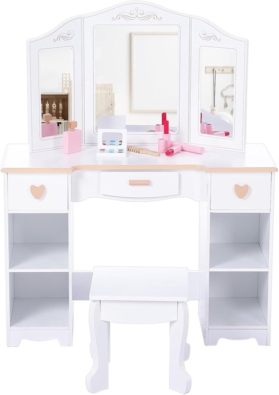 Witte houten kaptafel met spiegel en krukje, speelgoed make-up set en roze konijn.