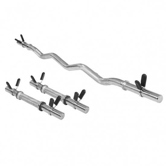 Zilverkleurige EZ-curl stang en twee halterstangen, met zwarte sluitingen.