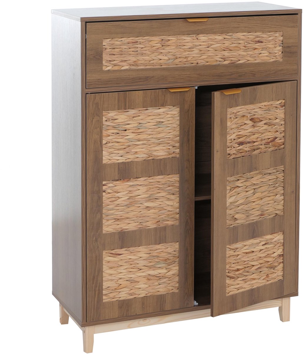 Commode MCW-P54, kast, dressoir, hoogkast, MDF met melamine-afwerking en waterhyacintfront 115x80x35 cm ~ bruin
