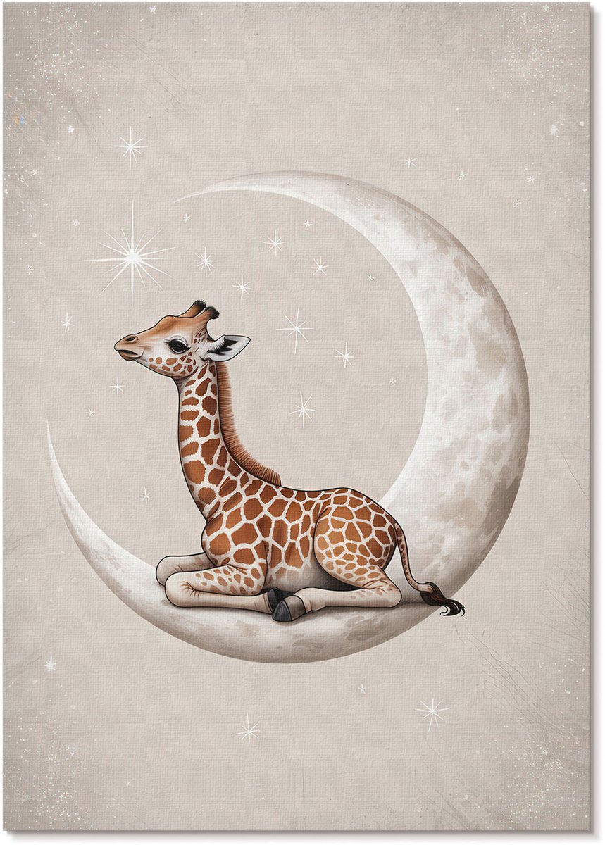 Tulup Canvas Poster Polycanvas - Giraffe Op De Maan, Illustratie - A4 - Beige Patroon - Rechthoek - Wandkunst - Woonkamer, Slaapkamer, Kantoor - Kinder