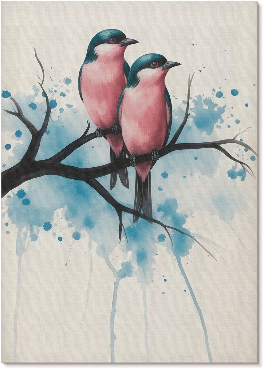 Tulup Polycanvas Wandposter - Aquarel Vogels, Waterverf - A4 - Roze Poster - Rechthoek - Canvasposter - Woonkamer, Slaapkamer, Kantoor - Expressief
