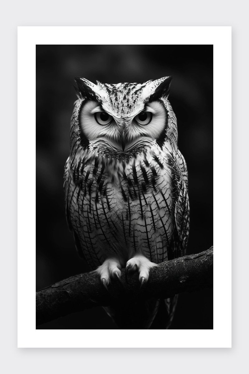 Uil Poster - Zwart Wit - Dieren - Natuur - Vogel - Fotografie - Wildlife - posters - formaat 30x40cm - Wanddecoratie - BXS5401KMD - Met kader - passe-partouts stijl
