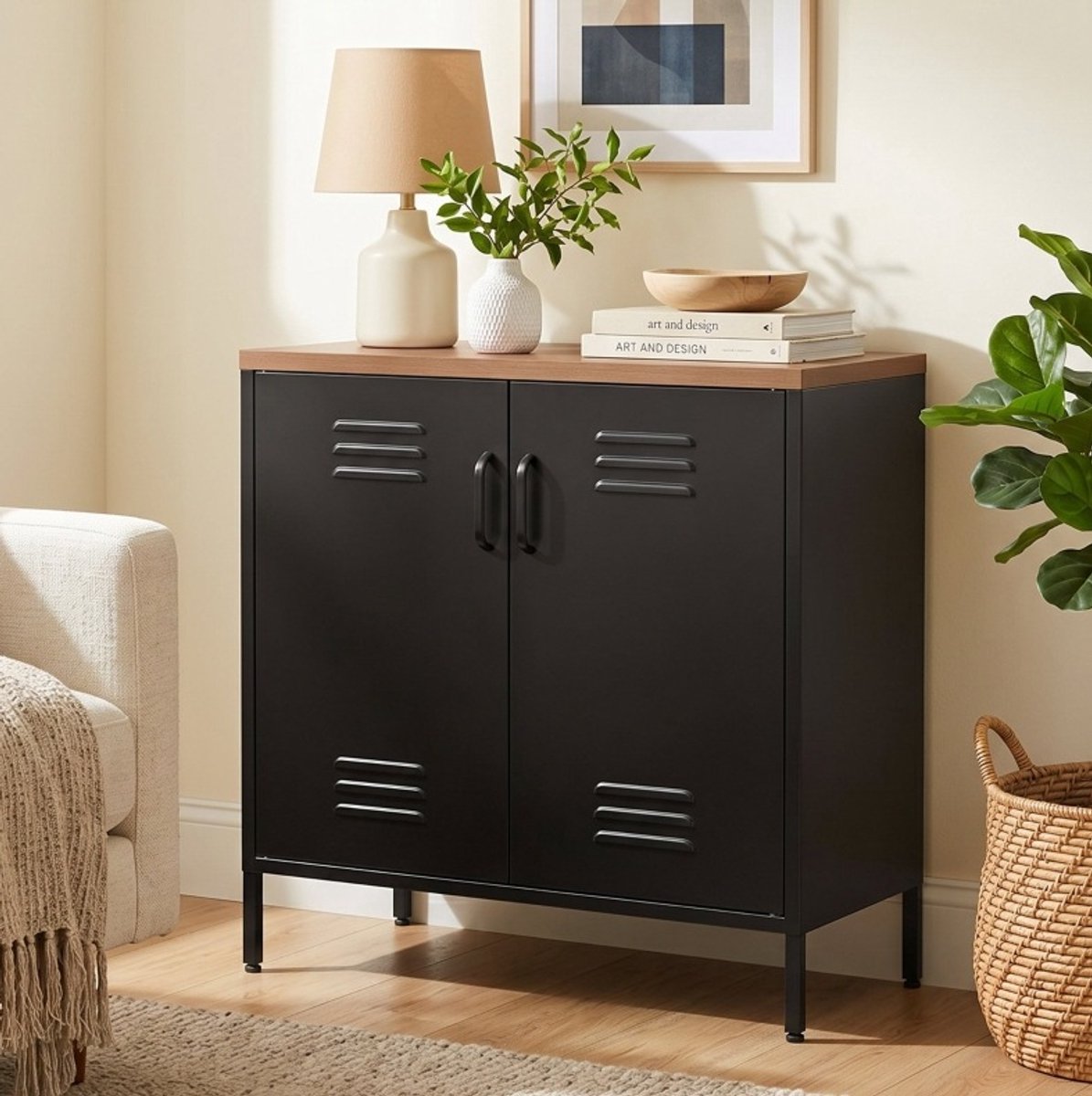 MODENUIT Dressoir - Industrieel Met 2 Deuren En Verstelbare Plank - Voor Woonkamer En Kantoor - Metaal - Zwart - 80x40x80 Cm