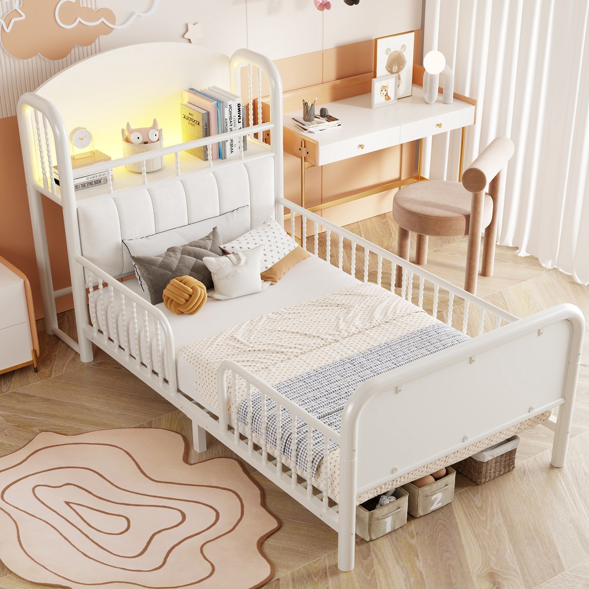 VVBV Kinderbed 90x200 – Gestoffeerd Kinderbed met Metalen Frame met Opbergruimte, Opbergvakken, Uitvalbeveiliging, Opberghoofdbord en LED-Verlichting – Wit