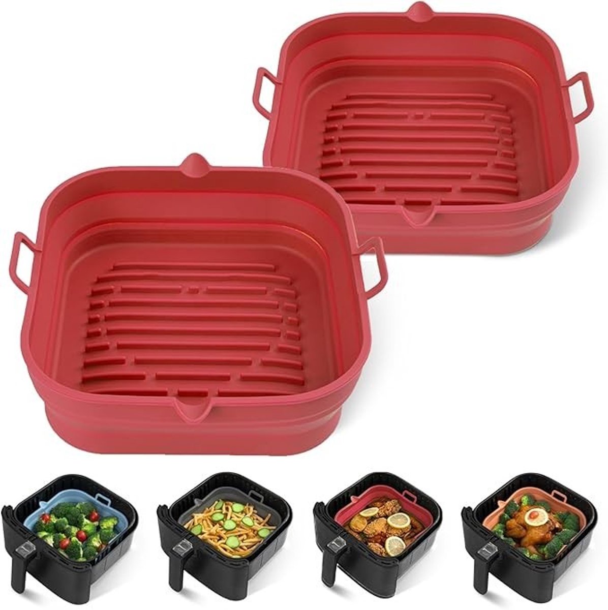 PolkaHome Siliconen Airfryer Liners 2 stuks - Herbruikbare Antiaanbak Inzet voor Airfryer - Vierkant met Handvatten - 21,5 cm