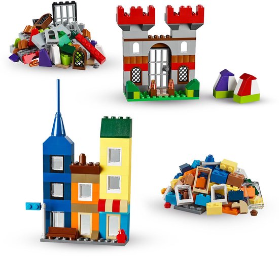 LEGO modellen van een kasteel, gebouw en abstracte creaties, gemaakt van diverse stenen.