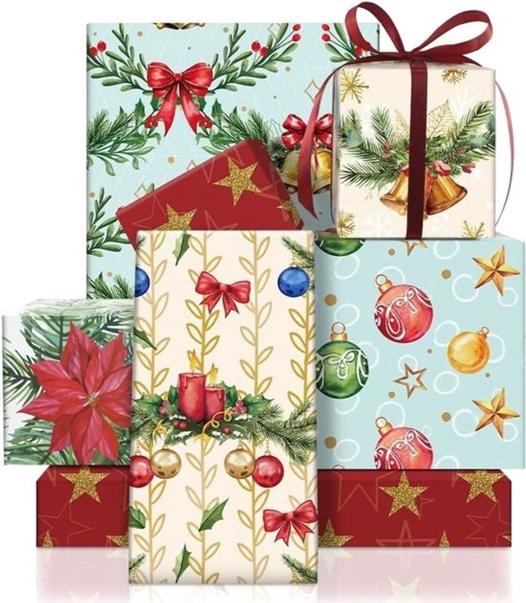 Kerstcadeaupapier met Vintage Print, 6 Vellen met Kerstkrans, Jingle Bells en Ribbons voor Feestdagen en DIY Projecten