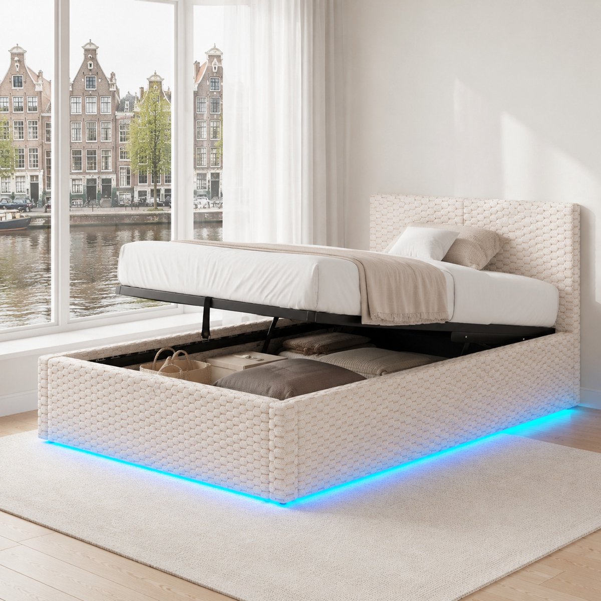 WUVRIE Polsterbed 90x200 cm met LED, USB-C, opbergruimte en hydraulisch bedframe in beige