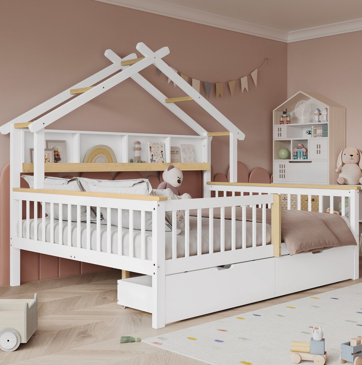 REDOM - Kinderbed - Huisvorm met dak - Uitvalbeveiliging - 2 lades met wielen - Kinderkamer - Hout en MDF - 218,5 x 146,5 x 152 cm