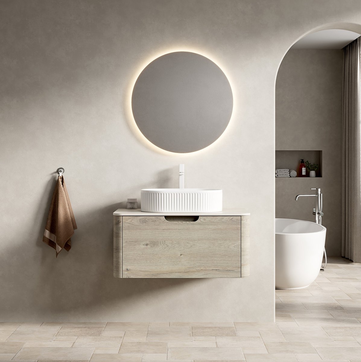 FloraGrace Badkamer Wastafelmeubel - Wandhangend Met Ovale Keramische Waskom En Travertin Steenblad - 80 Cm - Beige