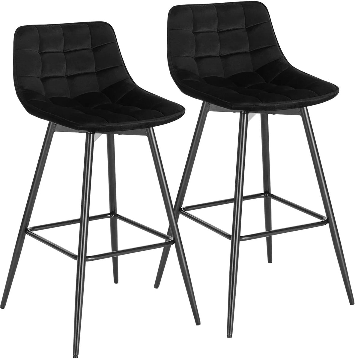 Klarven Barkrukken set van 2 Fluweel balck - Met ergonomische rugleuning - Kunstleer zit, stevig metalen frame, antislip poten - Zithoogte 64 cm, totaalhoogte 88 cm zwart