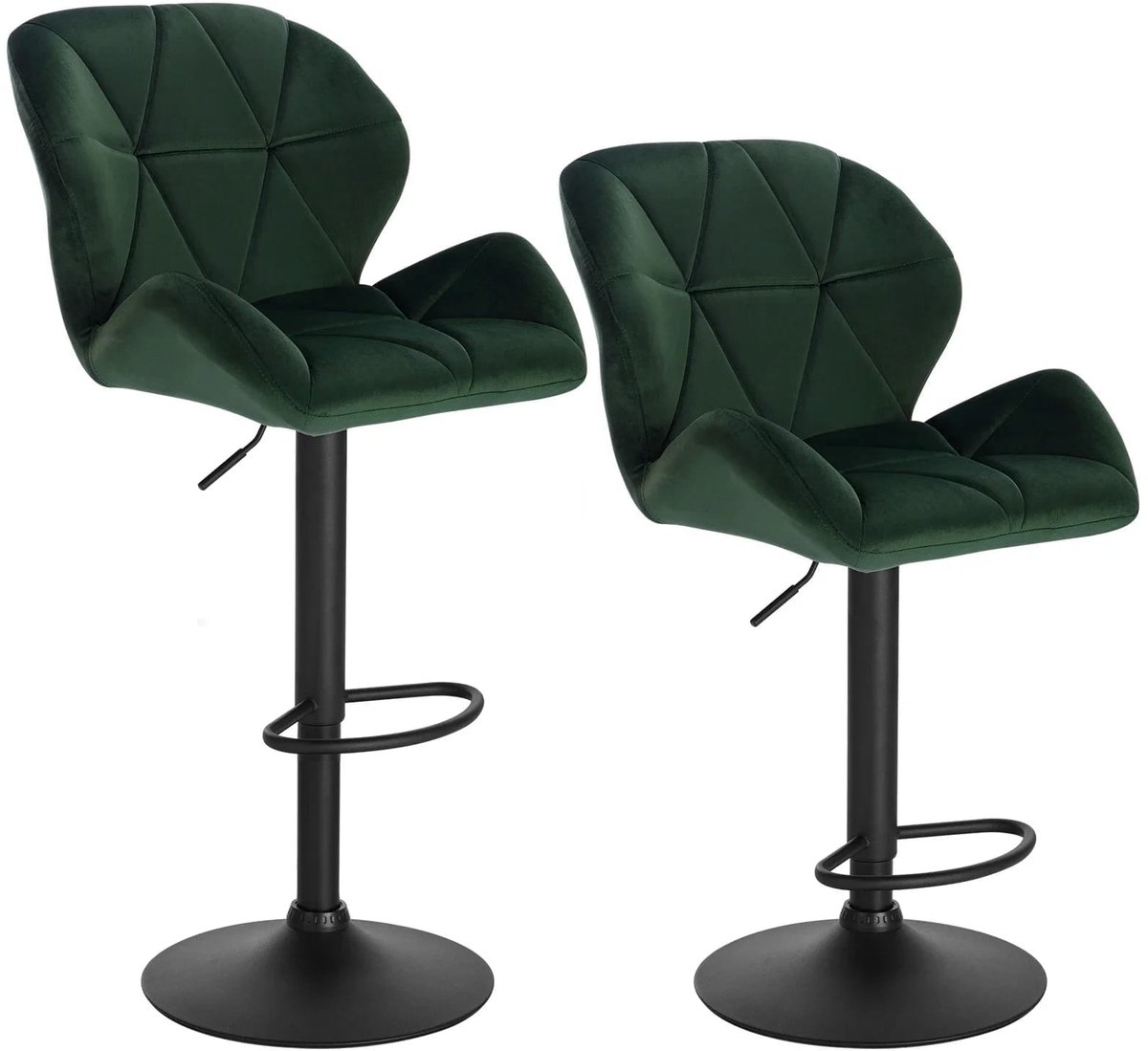 Klarven Barkruk Fluweel donkergroen - Barkrukken Met Rugleuning - Barkrukken Set Van 2 - Bar Stool - Hoogte verstelbaar, 360 graden draaibaar, met voetsteun - B50xd40cm, h94-116cm