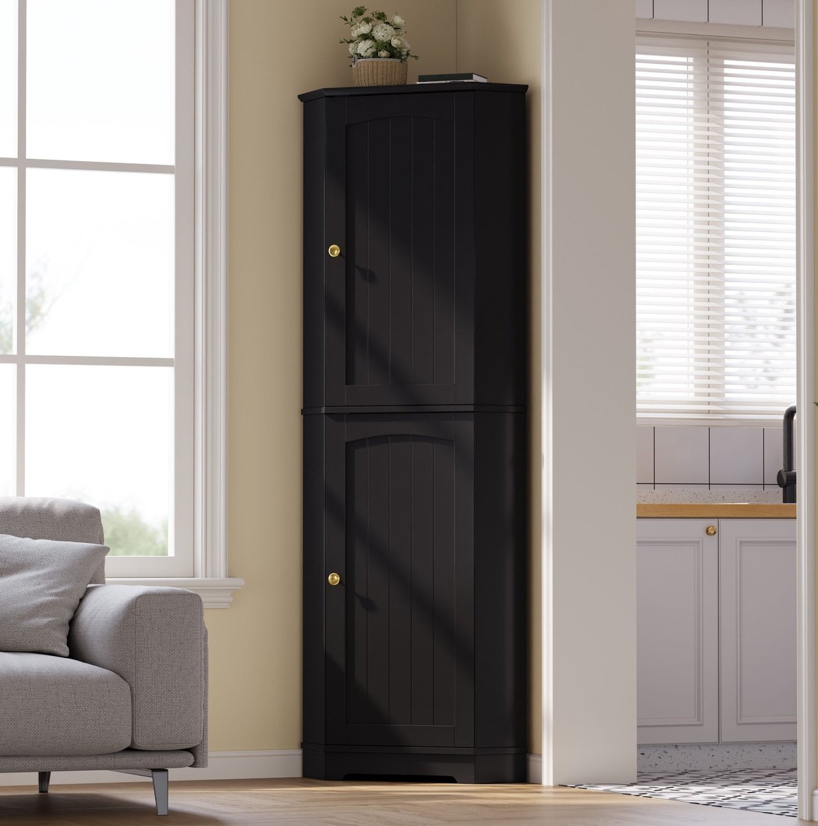 FloraGrace Dressoir - Hoekkast Met 2 Deuren En Verstelbare Planken - Voor Keuken Woonkamer En Eetkamer - MDF - Zwart - 42x42x166 Cm