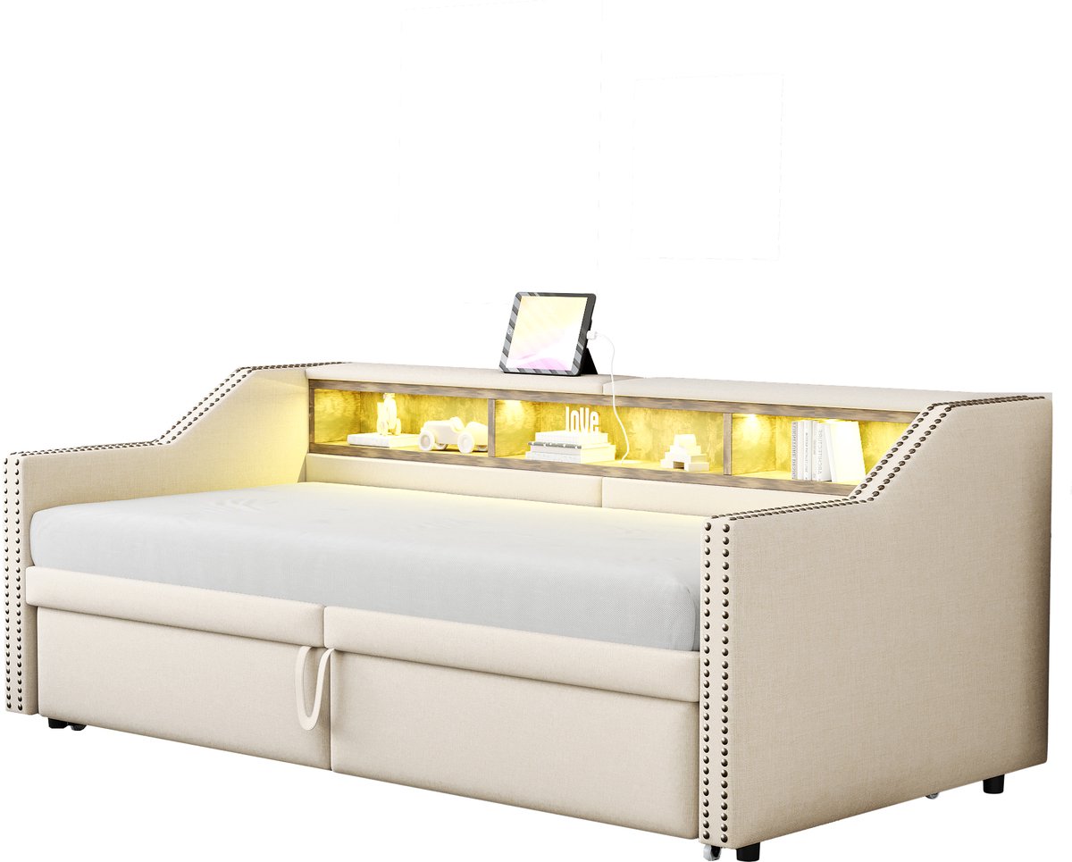 Uitschuifbare slaapbank 90x200 - Gestoffeerd bed beige - Opbergvak - LED en USB - Met lattenbodem - Logeerkamer - 214x102x74 cm - Beige
