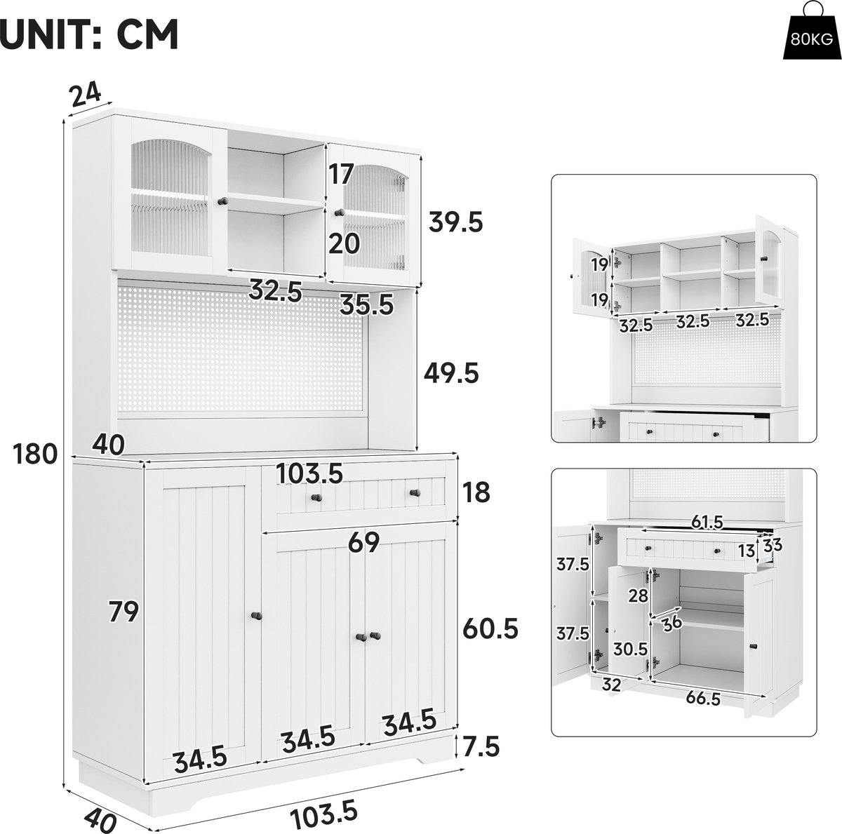 Clruro Highboard 76,2x40,1x180 cm - met Glasdeuren, Laden en Verstelbare Planken - MDF/Spaanplaat - Wit