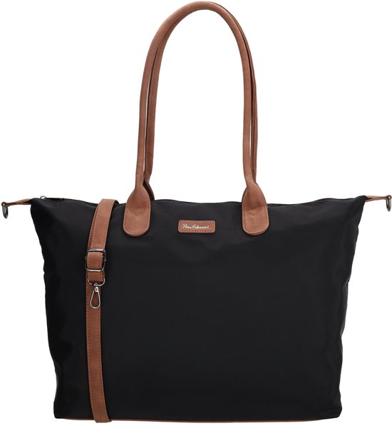 Sac shopper noir Piero Erbacci avec poignées marron et bandoulière marron.