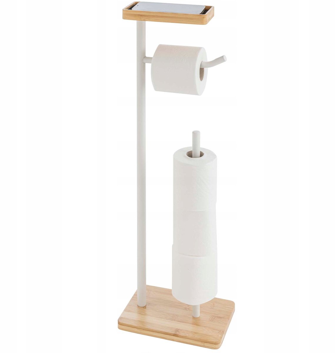 Merkloos Toiletrolhouder met Bamboe Plank - Wit Metaal