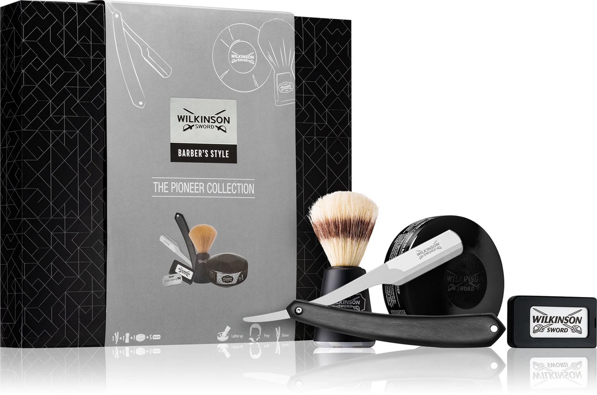Wilkinson Sword Barber's Style - The Pioneer Collection Scheerset - Met Open Scheermes, 5x Dubbele Mesjes, Scheerkwast & Scheerzeep (125g) - Luxe Cadeauset voor Mannen