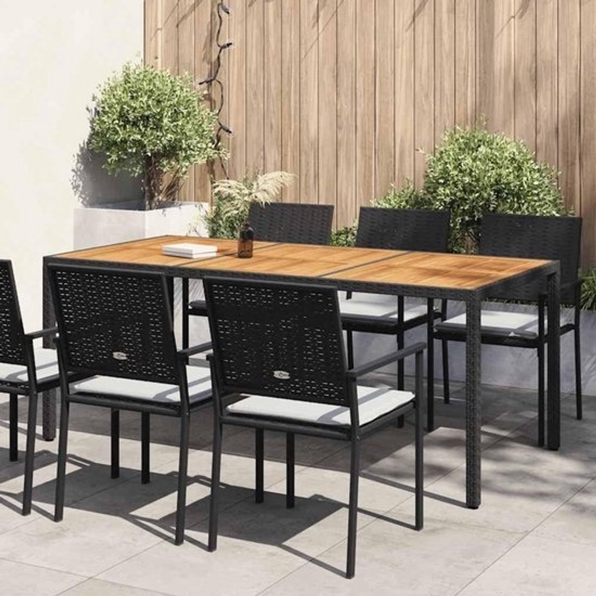 Tuintafel Polyrotan Hout - Terrastafel Buiten - Buiten Ontspannen - Massief Acacia Houtblad - 190 cm - Zwart