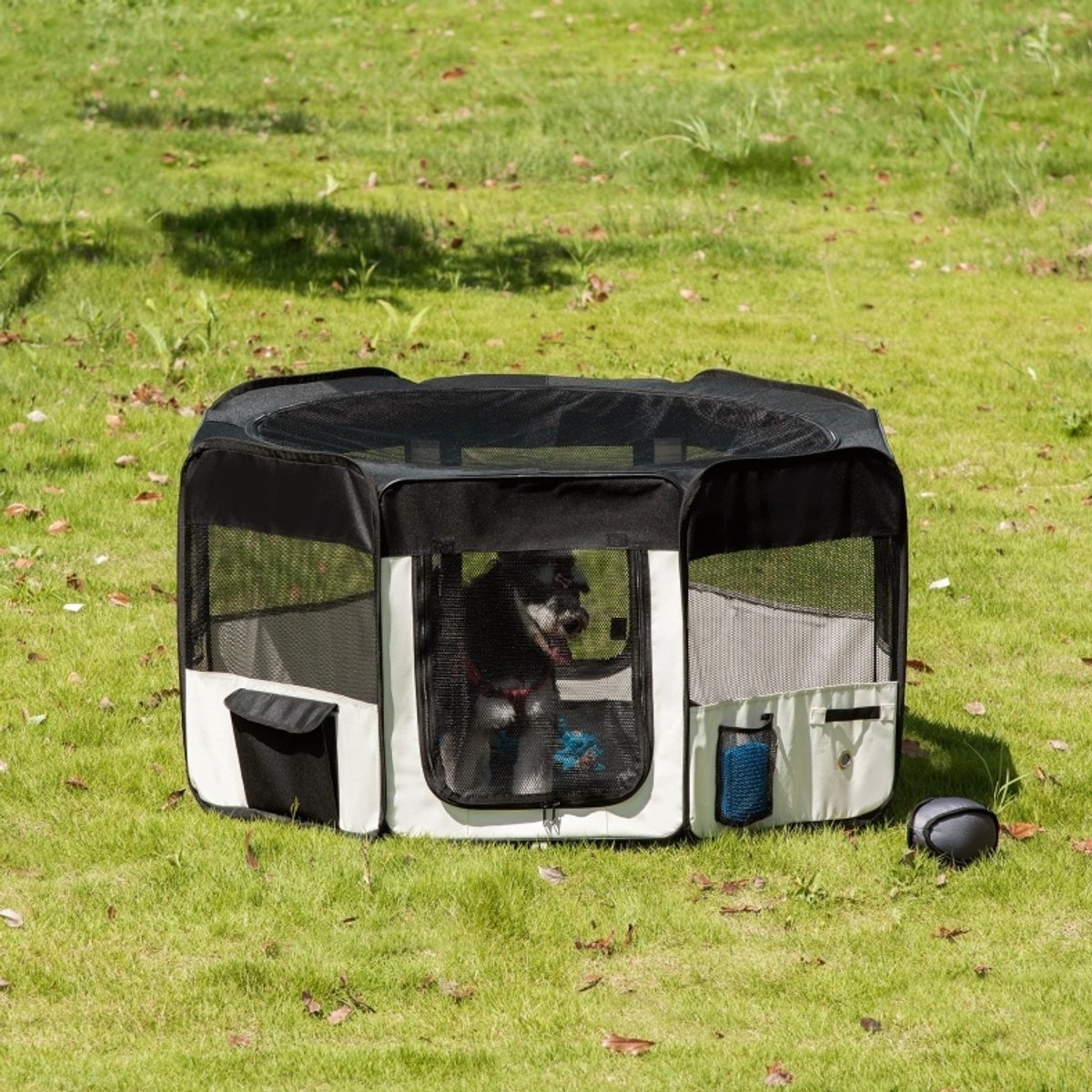 MODFU-Opvouwbare Puppyren-Netafdekking-Oxford Stof-Zwart Crèmewit