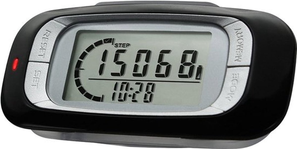 Een 3D-stappenteller met een clip die nauwkeurig stappen telt voor fitness, loopafstand (mijlen/km) en calorieverbruik.