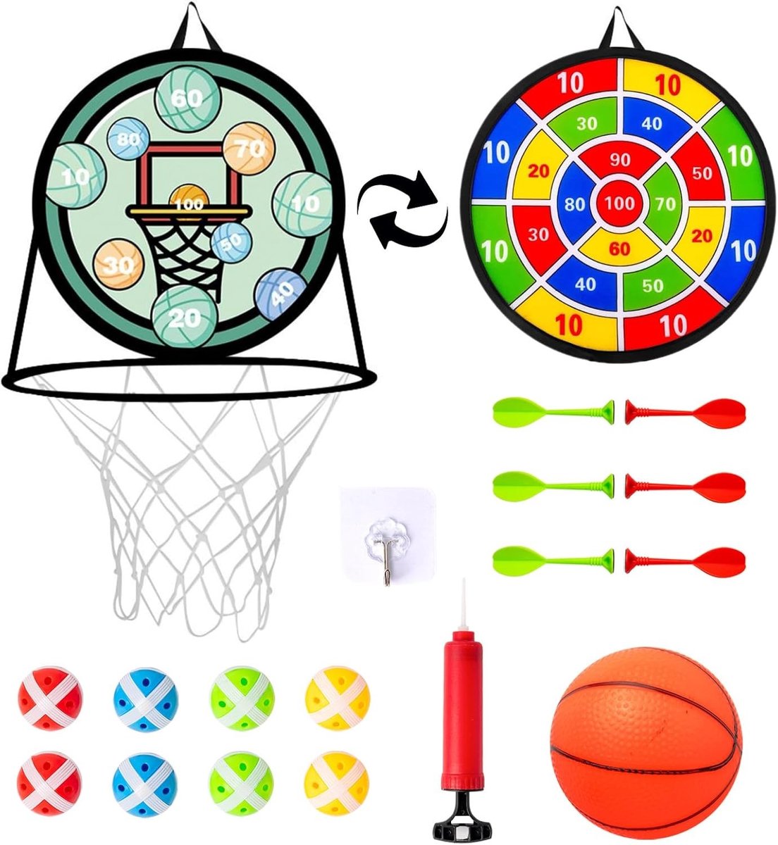 Dartbord voor Kinderen met Basketball Stand, Dubbelzijdig Dartspel met Plakballen en Opblaasbare Basketbal, Geschikt voor Binnen en Buiten Activiteiten
