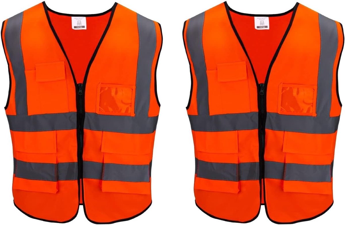 Reflecterend Veiligheidsvest Set van 2 - Geel of Oranje Veiligheidsvest met Rits, Zakken en Reflecterende Strepen voor Werk en Veiligheid