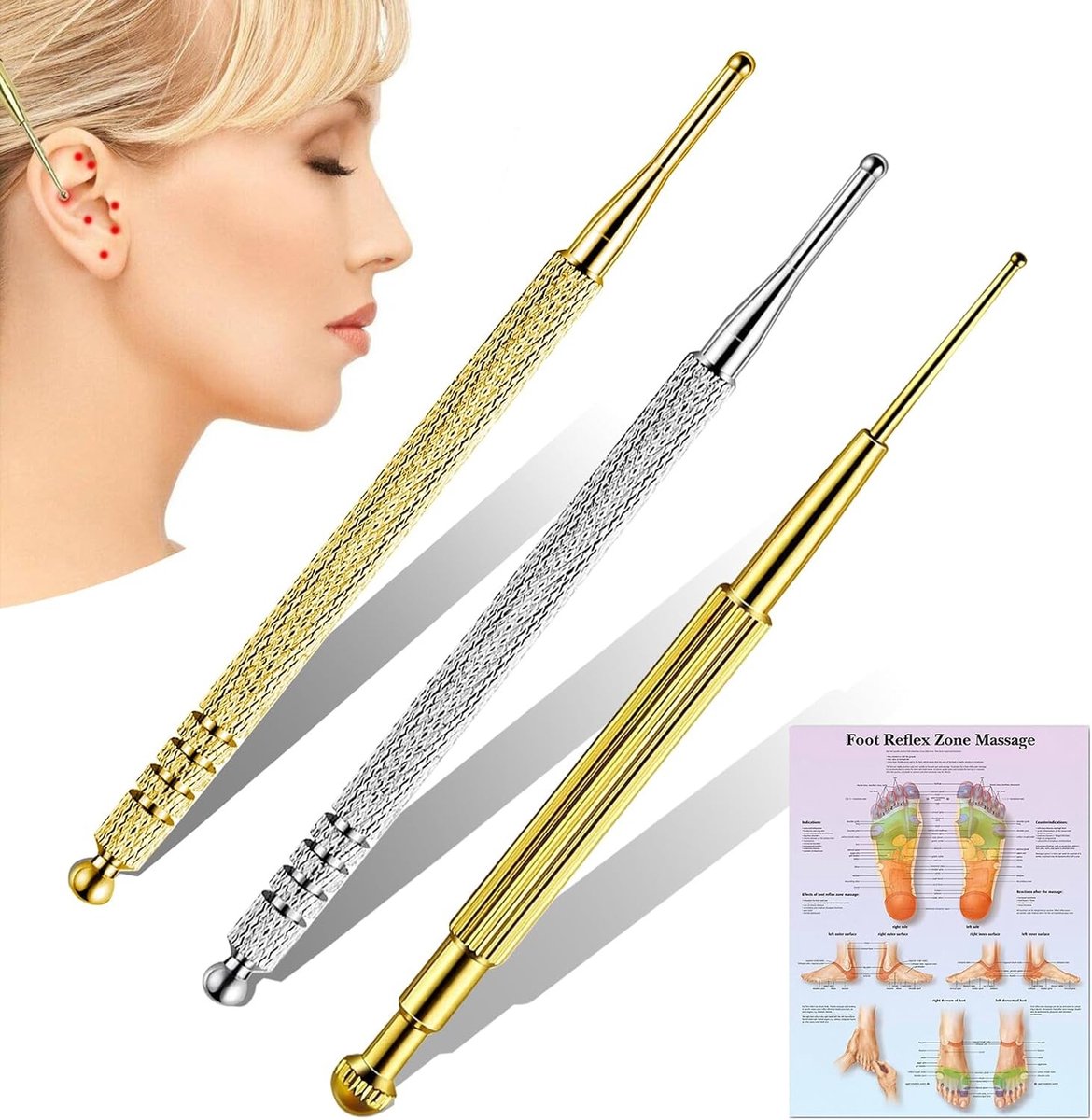 Acupressuurstift set van 3, roestvrij staal, met veer en illustratie voor effectieve voetmassage en professionele massage-tools