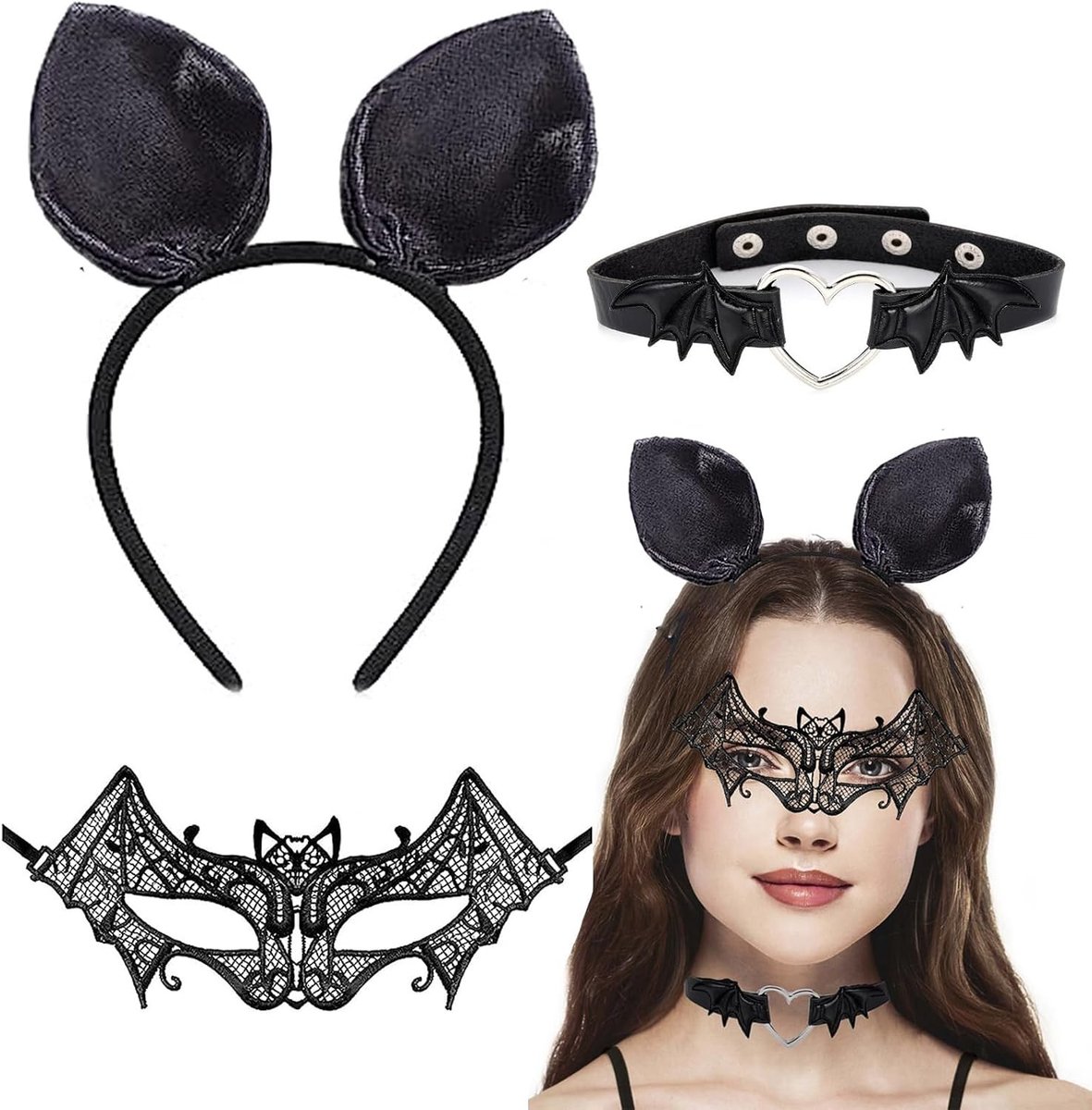 Vleermuis haarband met vleermuisoren en sexy kanten oogmasker, perfecte Halloween kostuumaccessoires voor feest, carnaval en cosplay