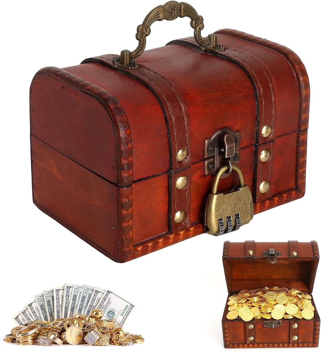 Vintage Houten Schatkist met Combinatieslot voor Sieraden, Bewaaraccessoires en Decoratie - Mini Schatkist voor Kinderen en Verjaardagen
