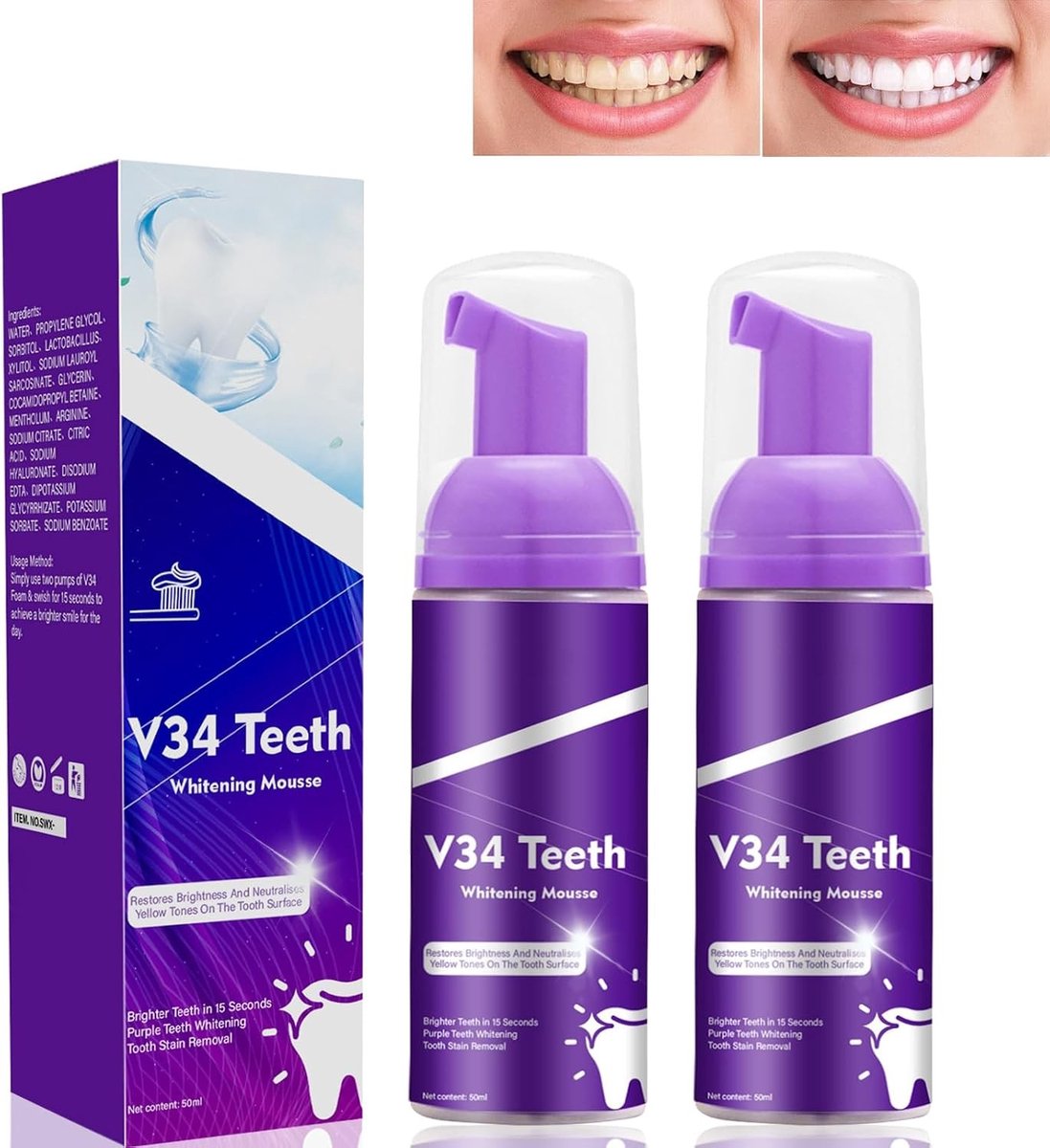 Whitening tandschuim en paarse tandpasta set, 50 ml, 2 stuks voor stralend witte tanden en frisse adem