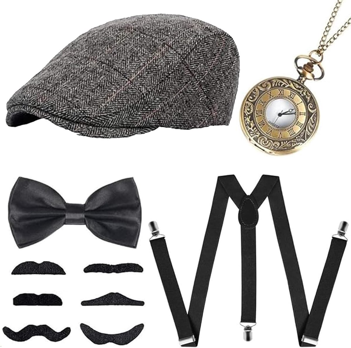 Gatsby accessoires voor heren uit de jaren '20, Charleston kostuumset met panama hoed, elastische bretels, vlinderdas, zakhorloge en nep snor