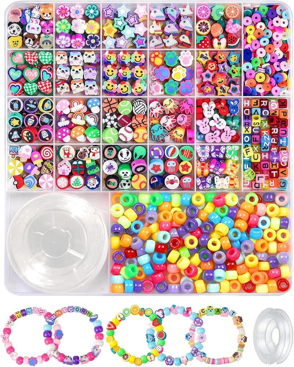 Bastelset met 1200 Kralen voor DIY Armbanden - Kleurrijke Dieren, Fruit en Bloemen Ontwerpen voor Creatieve Projecten