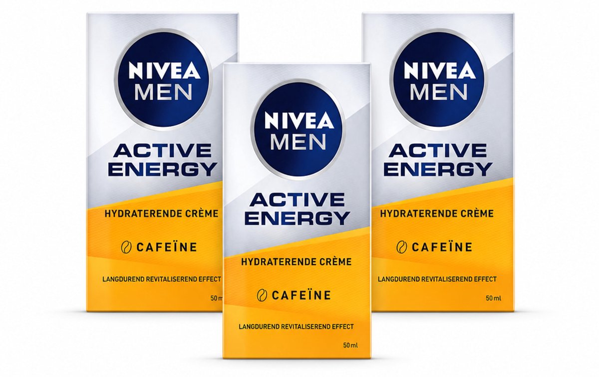 3 x NIVEA MEN - Active Energy - Gezichtscrème met Cafeïne - 50 ml - Bulkverpakking - 3 stuks