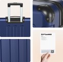 Collage met details van een donkerblauwe koffer: handvat, hoekbescherming, ribbel textuur en een informatiekaart.