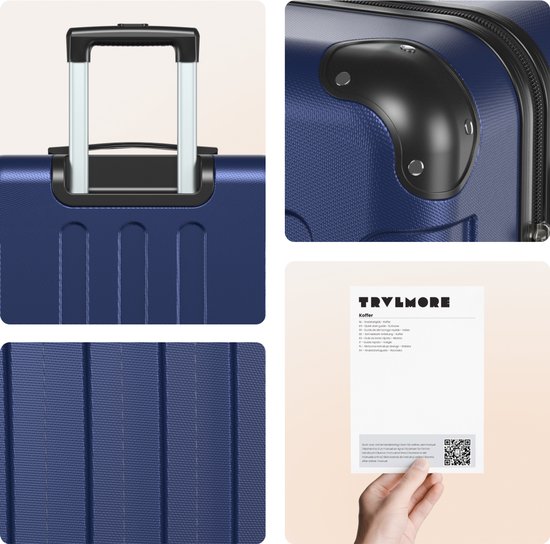 Collage met details van een donkerblauwe koffer: handvat, hoekbescherming, ribbel textuur en een informatiekaart.