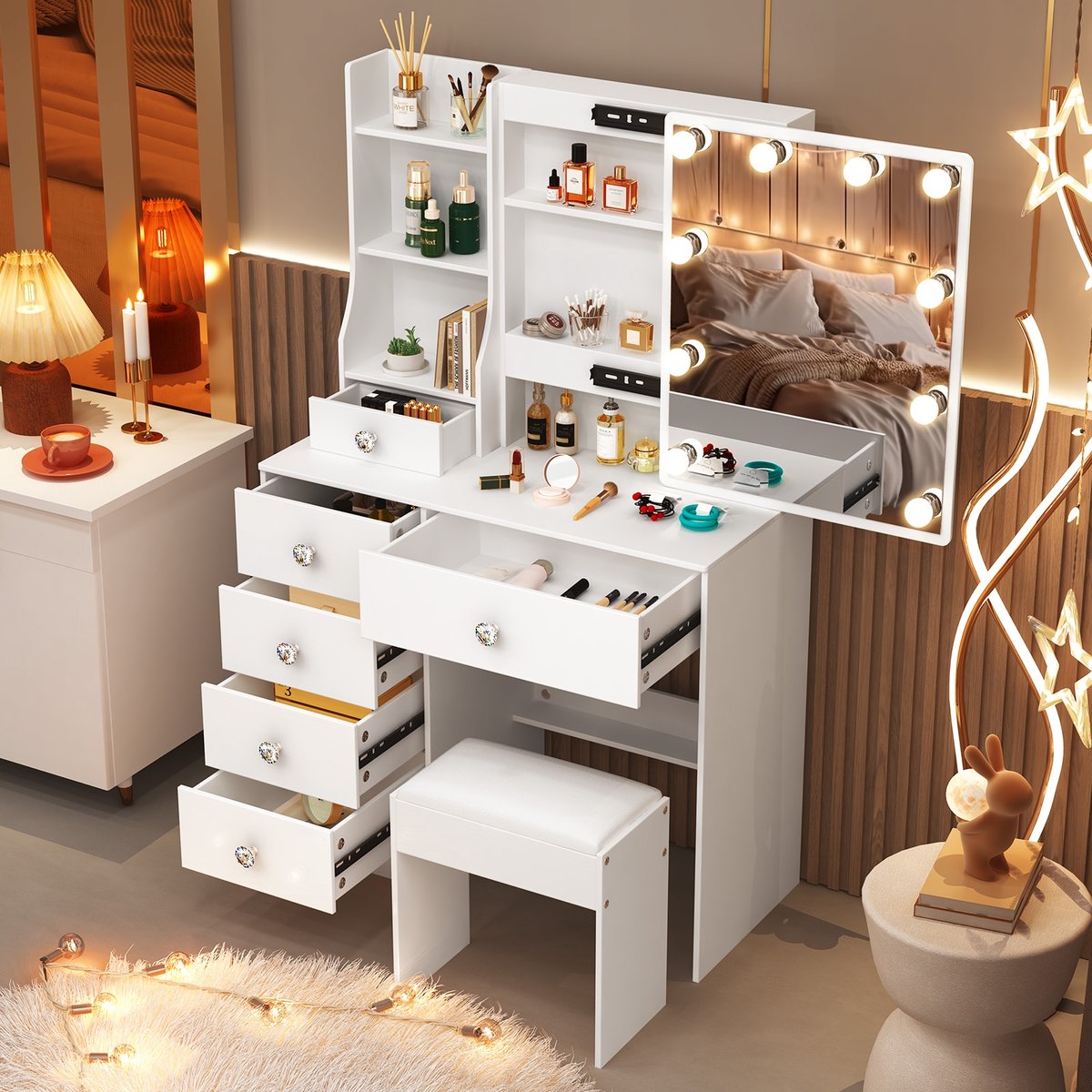 Witte kaptafelset met schuifspiegel, dimbare LED-verlichting, 6 laden & krukje