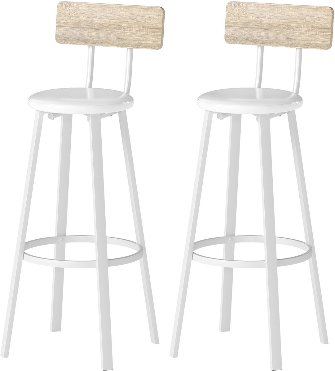 Barkrukken set van 2 - barkrukken voor ontbijt - met voetensteun en rugleuning - metalen frame - natuurlijk hout en wit