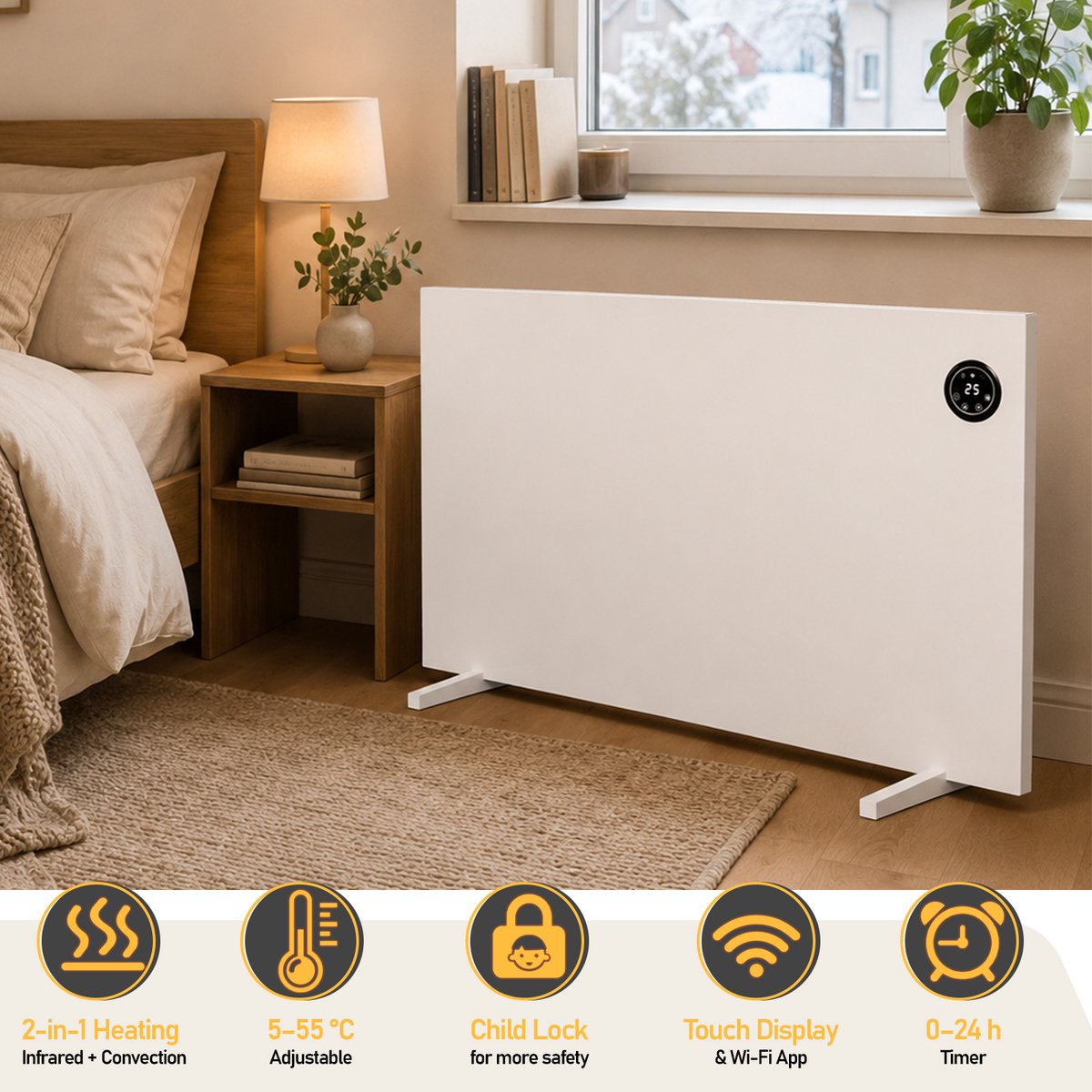 Infrarood Verwarmingspaneel 750W met WiFi, Thermostaat en Afstandsbediening, Wand of Vrijstaand – foto 3